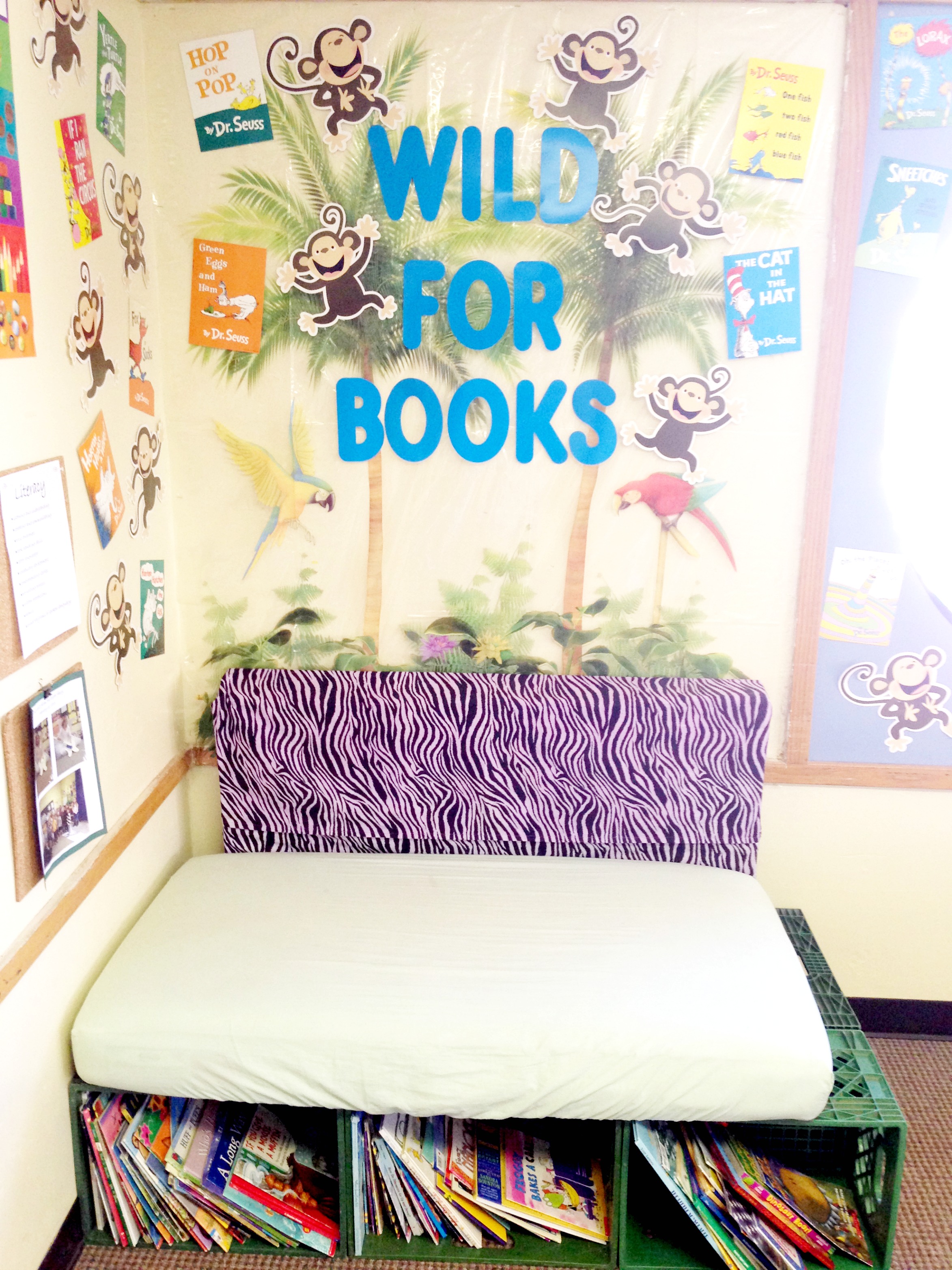 classroom milk crate book storage and reading bench