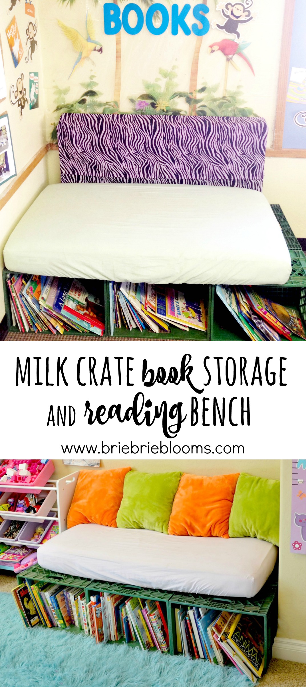 milk crate book storage and reading bench