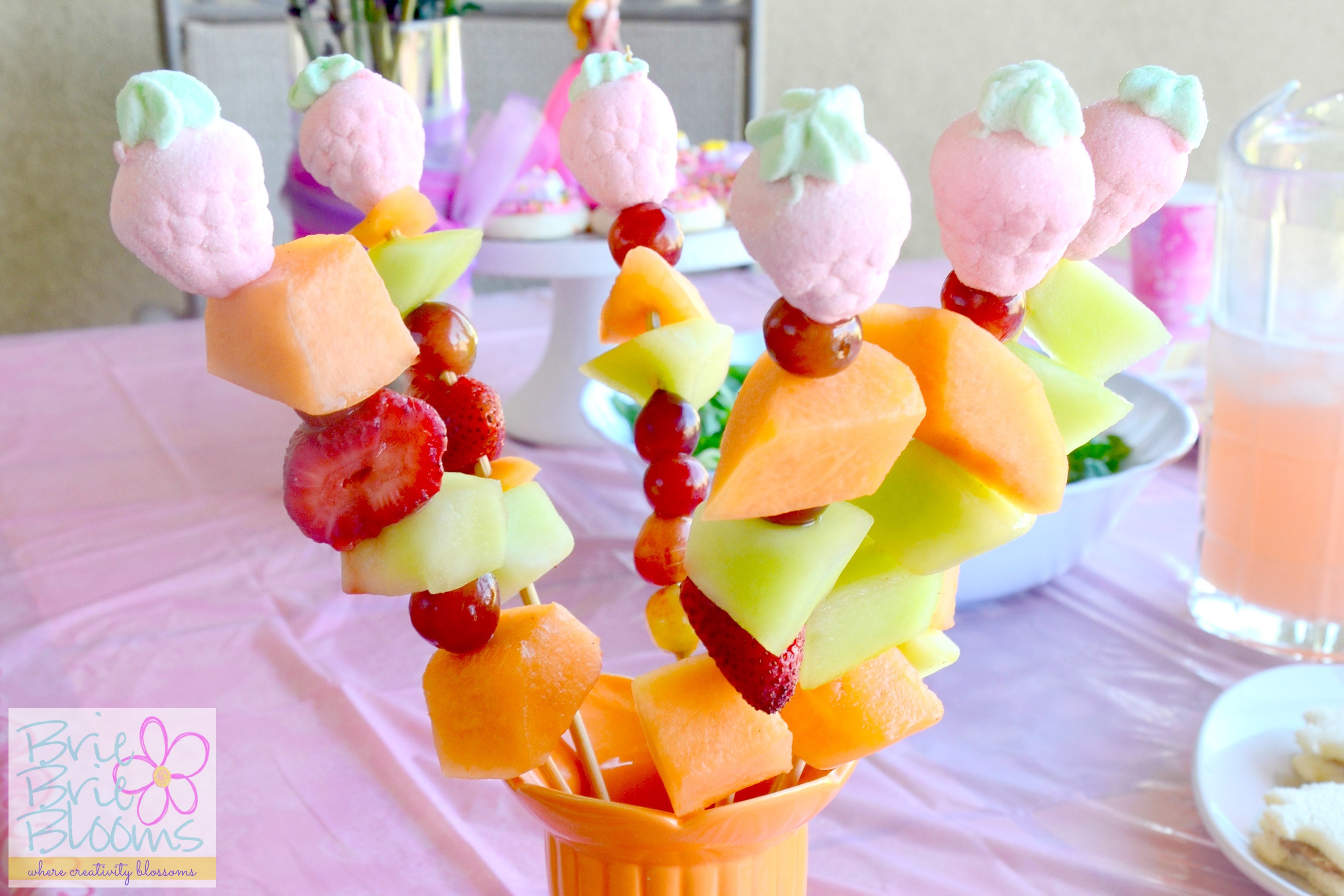 Fruit Kabobs topped with Chocolate Filled Strawberry Marshmallows at Disney Princess party
