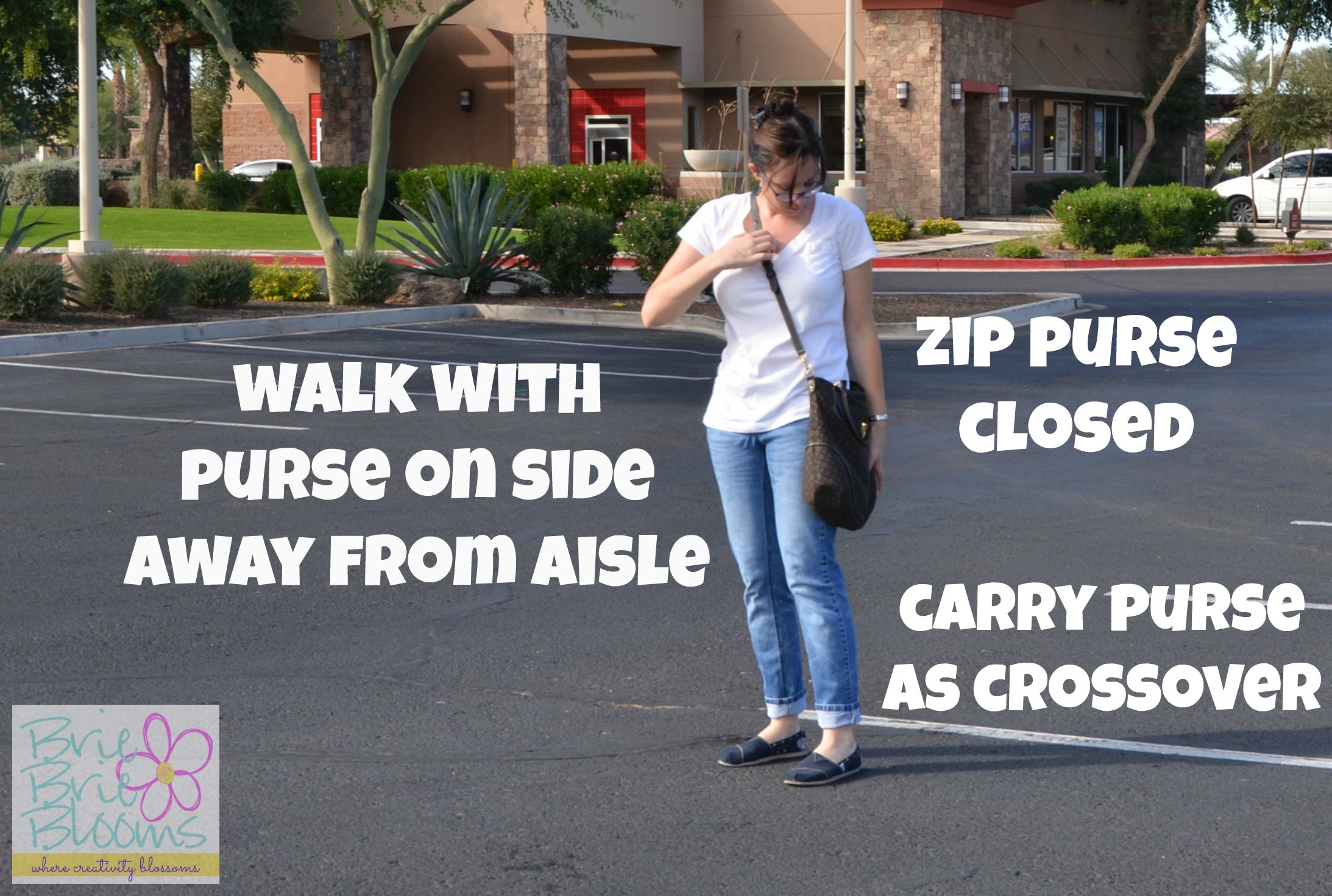 Holiday shopping safety tip - walking in a parking lot with a purse