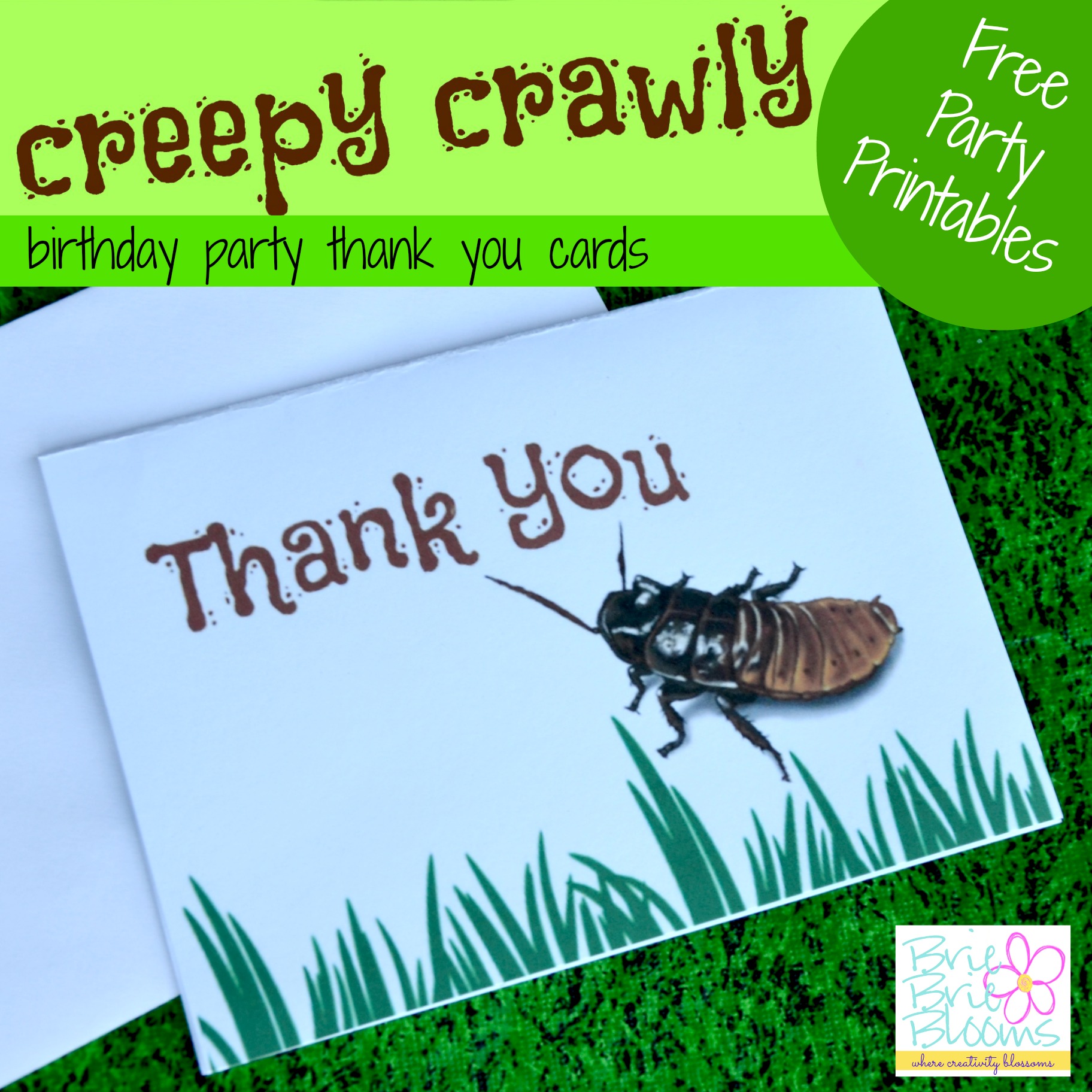 Creepy Crawly birthday party thank you cards, free printable
