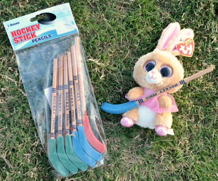 Hockey Stick Pencils and a bunny plush add to the fun in a hockey Easter basket.