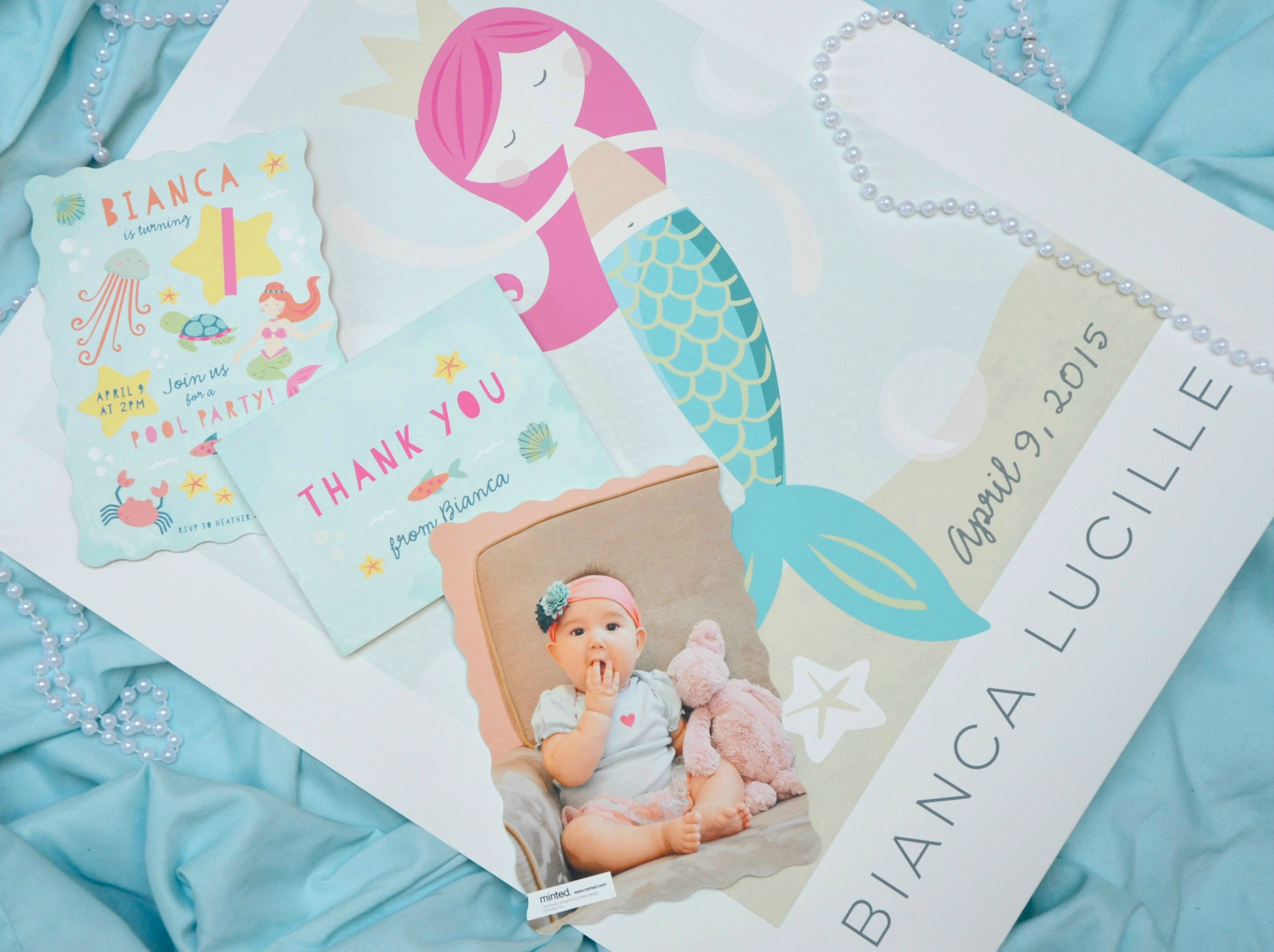 First Birthday Mermaid Party, invitations and thank you cards