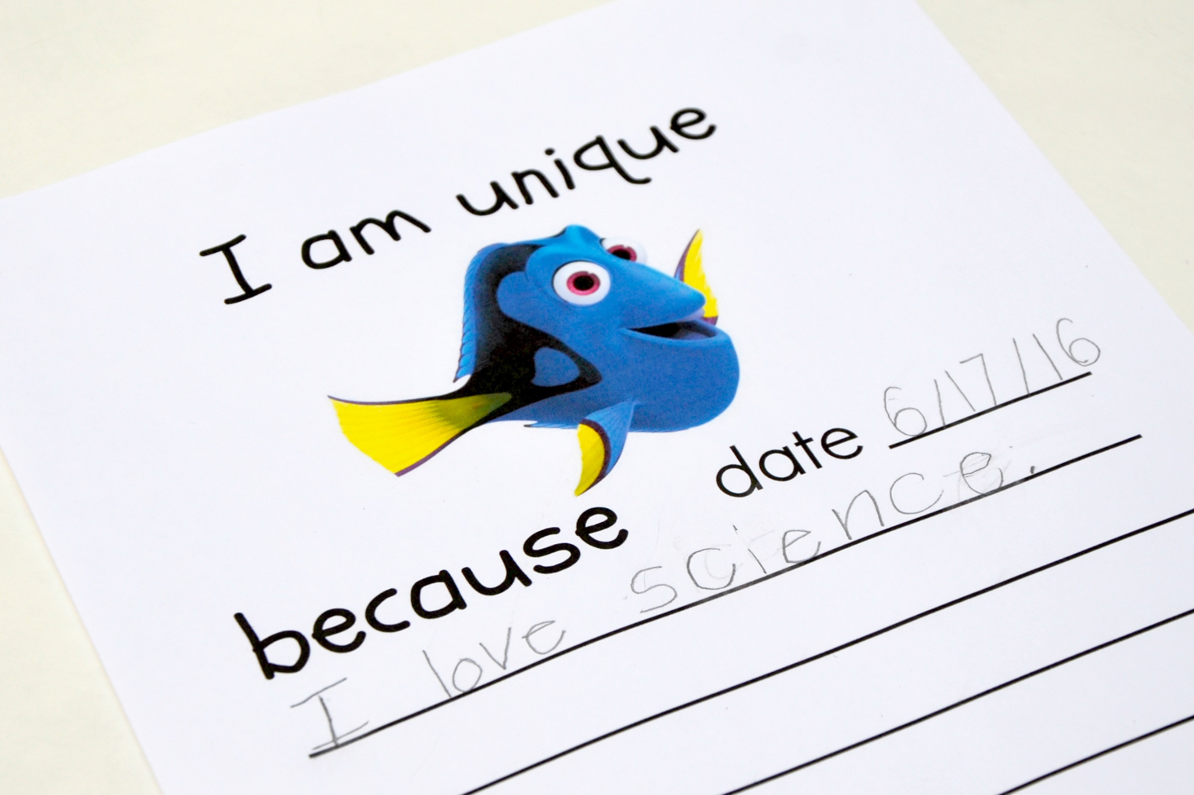 Completed Finding Dory writing prompt printable