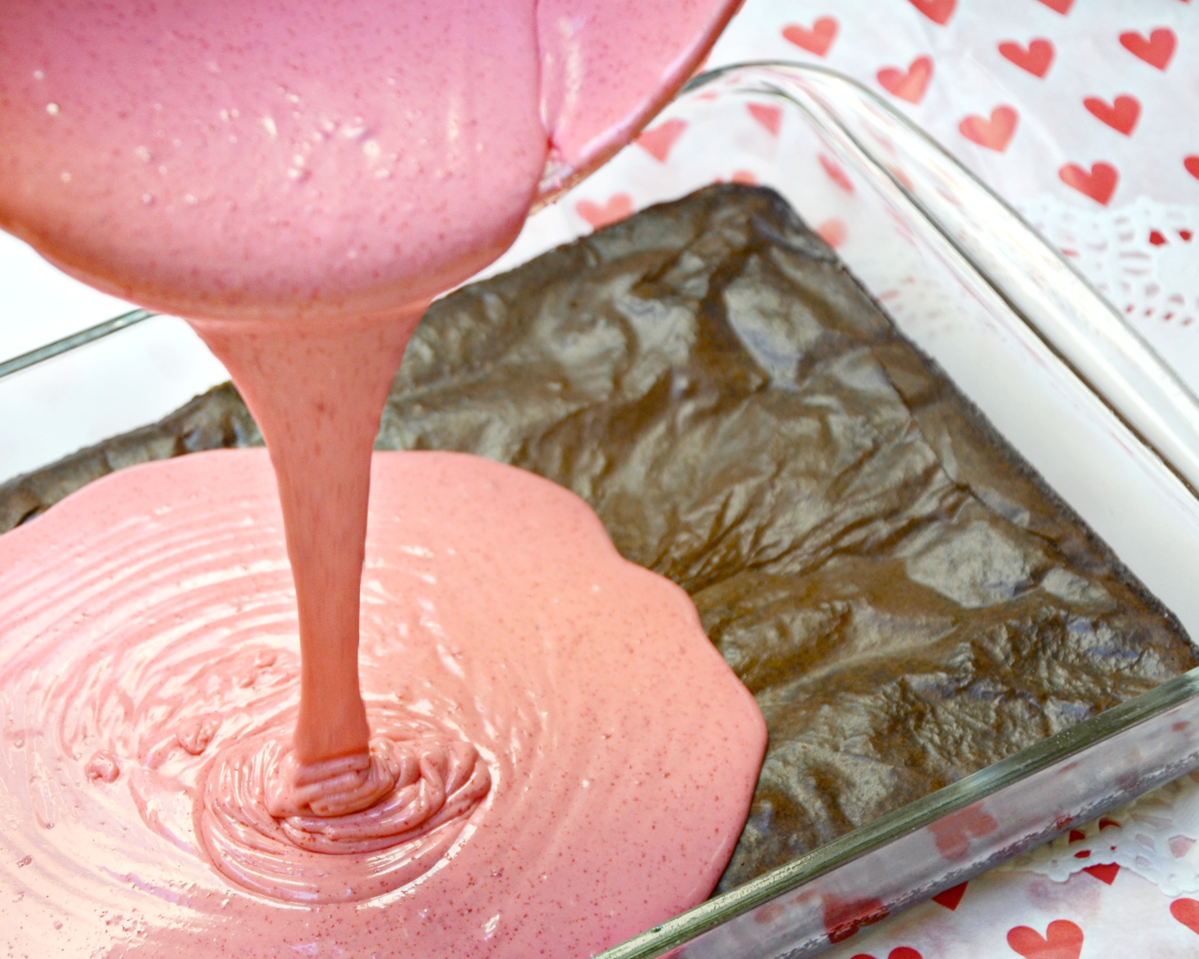 dark chocolate cherry brownies frosting pour