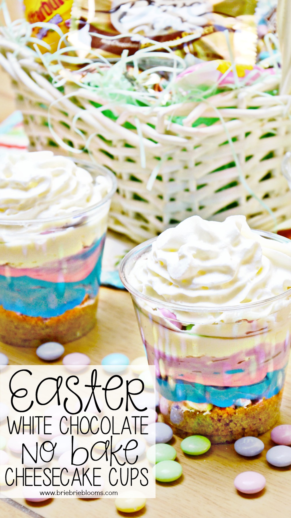 Make these easy Easter White Chocolate No Bake Cheesecake Cups with M&M's® White Chocolate!