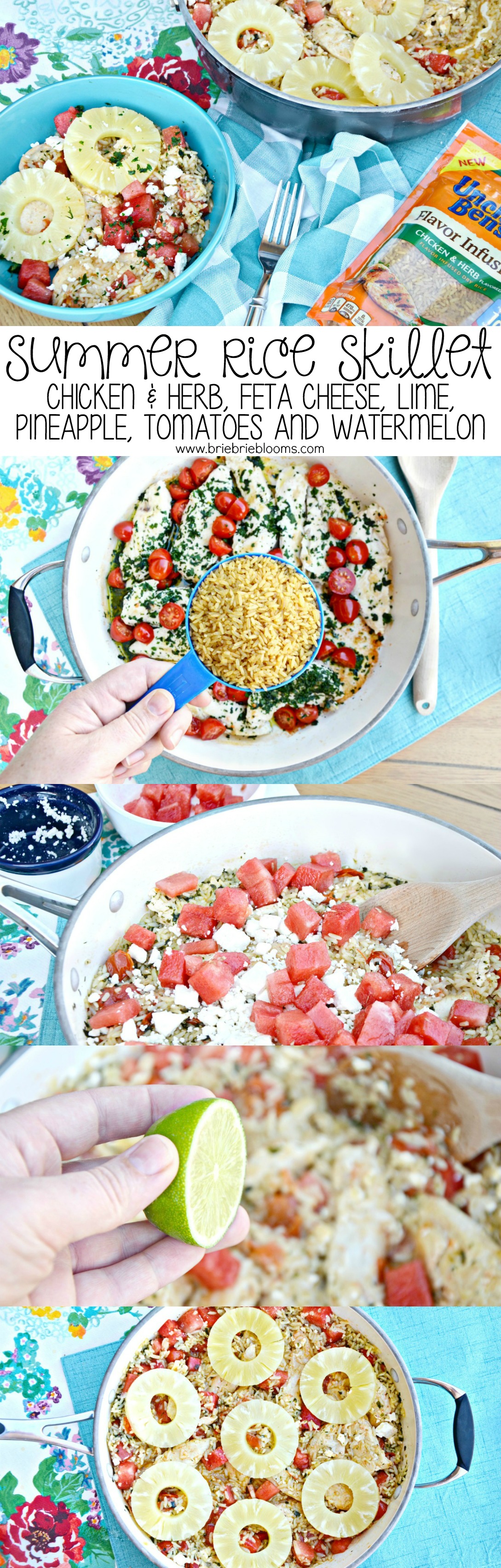 Make this easy chicken & herb summer rice skillet recipe complimented by feta cheese, lime, pineapple, tomatoes and watermelon for a quick new family favorite.
