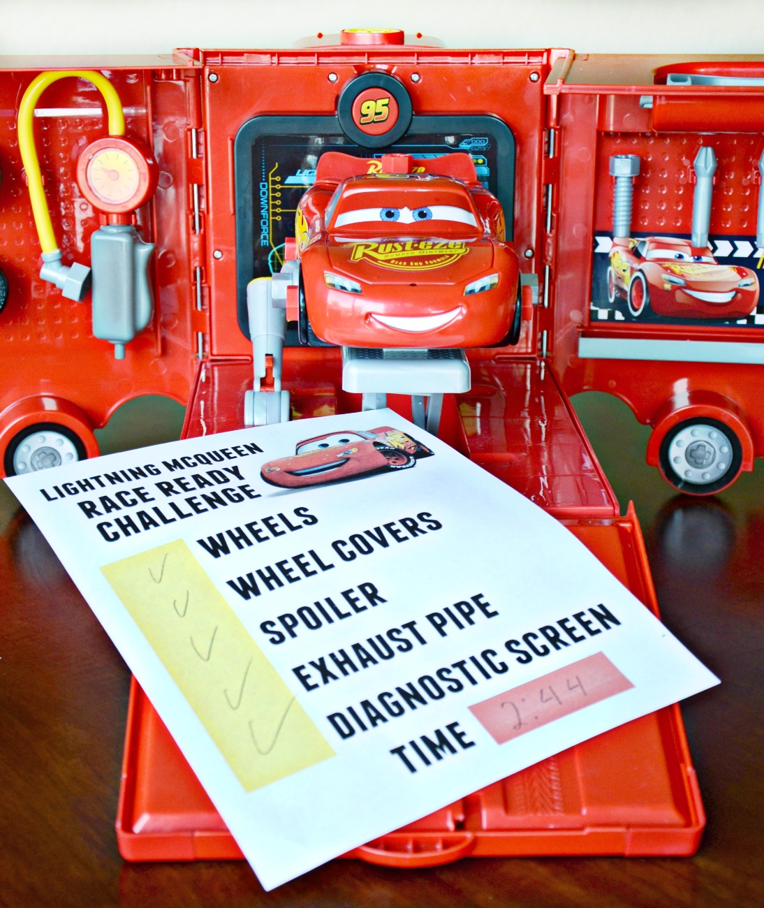 See how quickly you can get Lightning McQueen race ready with a free printable Lightning McQueen Race Ready Challenge Activity paired with Cars 3 toys!