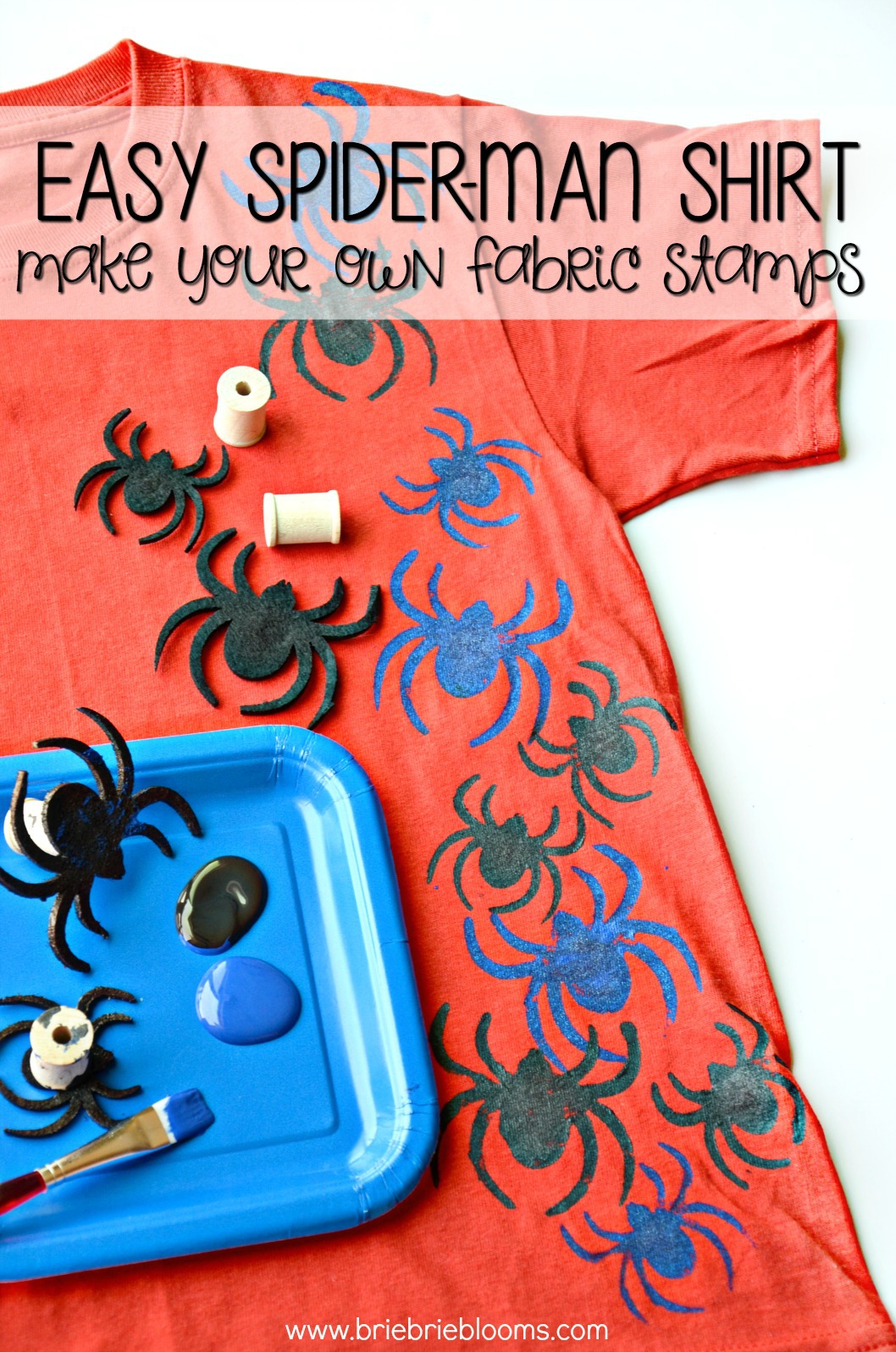 Make your own fabric stamps with felt stickers and thread spools to create this easy Spider-Man shirt that's perfect for your cutest Marvel fan!