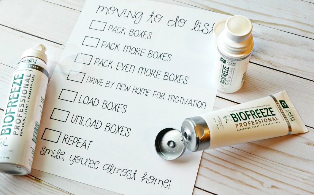 Moving is hard and always leaves me feeling sore for days. My moving to do list currently includes packing boxes and pain relief. Biofreeze® for the win!
