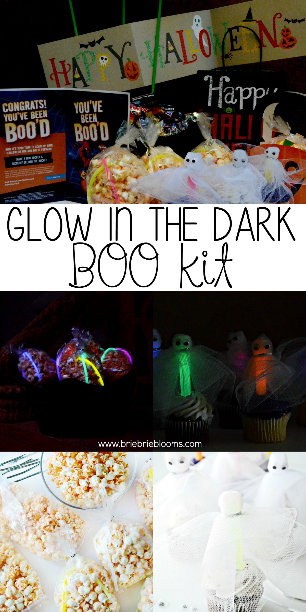 Get the Halloween spirit started and BOO your neighbors with a fun glow in the dark BOO kit. Glow in the dark ghost cupcakes and popcorn bags are the best!