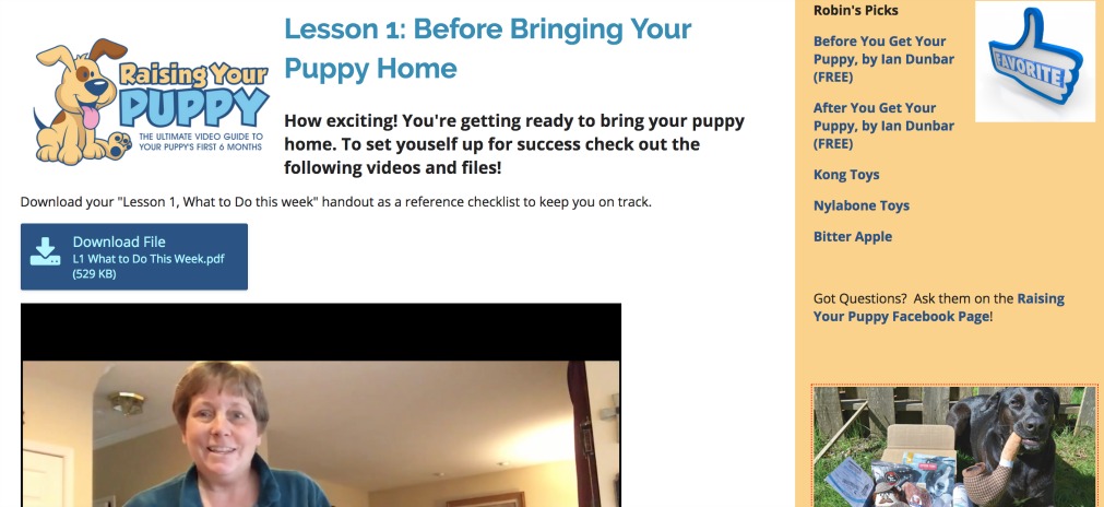 Robin K Bennett's Raising Your Puppy™ online dog training course is excellent for families with a new puppy or working on teaching an old dog new tricks.