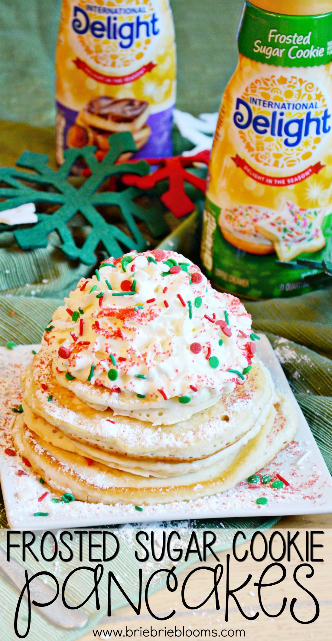 This frosted sugar cookie pancakes recipe might be the reason you show up to a holiday cookie exchange with a plate of pancakes!