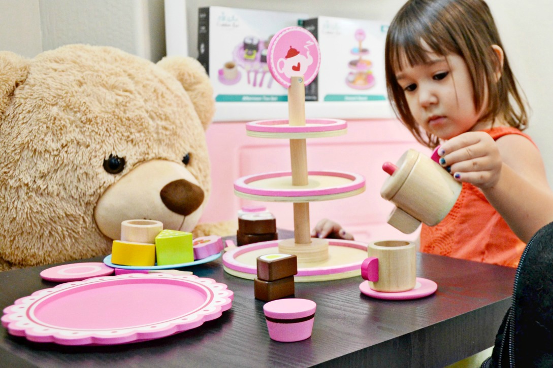 The Cubbie Lee wooden tea party and desserts set is designed for endless play but also helps develop fine motor skills and teaches sharing. 