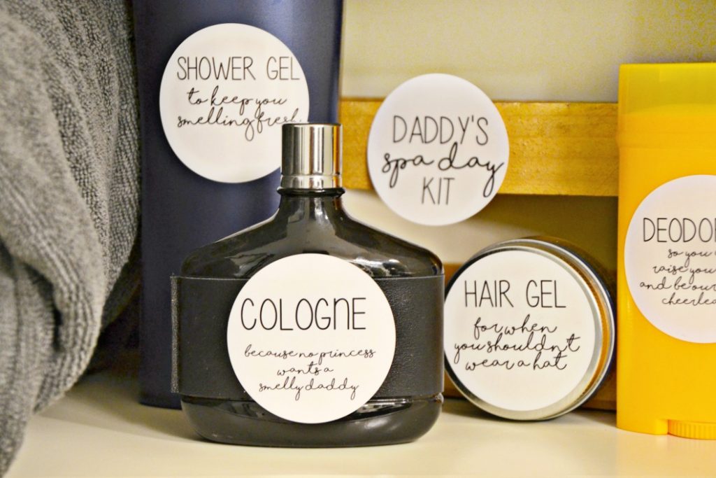 Create an easy daddy's spa day kit gift with funny printable labels perfect for everyday items like a bathrobe, cologne, hair gel and more.