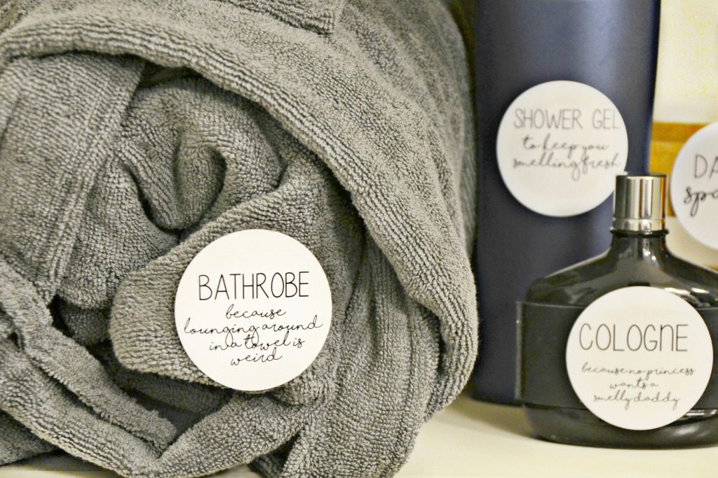 Create an easy daddy's spa day kit gift with funny printable labels perfect for everyday items like a bathrobe, cologne, hair gel and more.