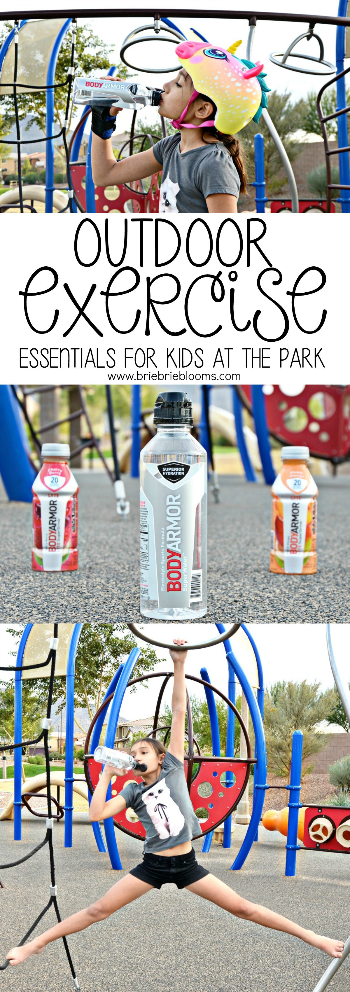 Outdoor exercise with essentials for kids at the park include protective gear, differing forms of transportation and drinks for hydration.