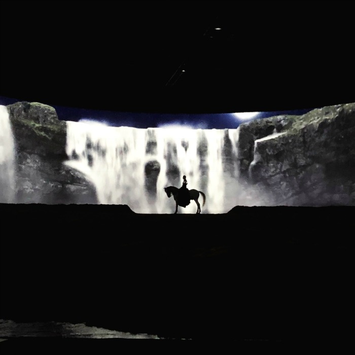 40,000 gallons of 40,000 gallons of recycled water emerges on the stage for a splashing finale in Cavalia Odysseo Arizona Horse Show.