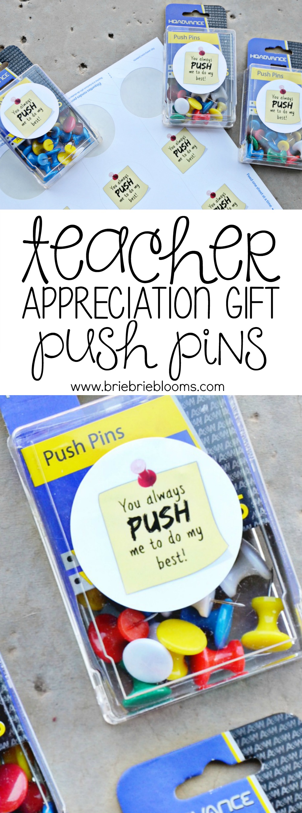 Use this fun printable compliment label to make an easy teacher appreciation gift. The push pins gift are a great way to thank a teacher.