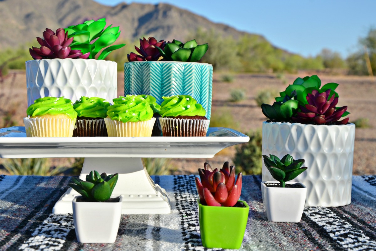Make these fun cactus cupcakes to serve at your Dinner in the Desert Burger Bar Party.