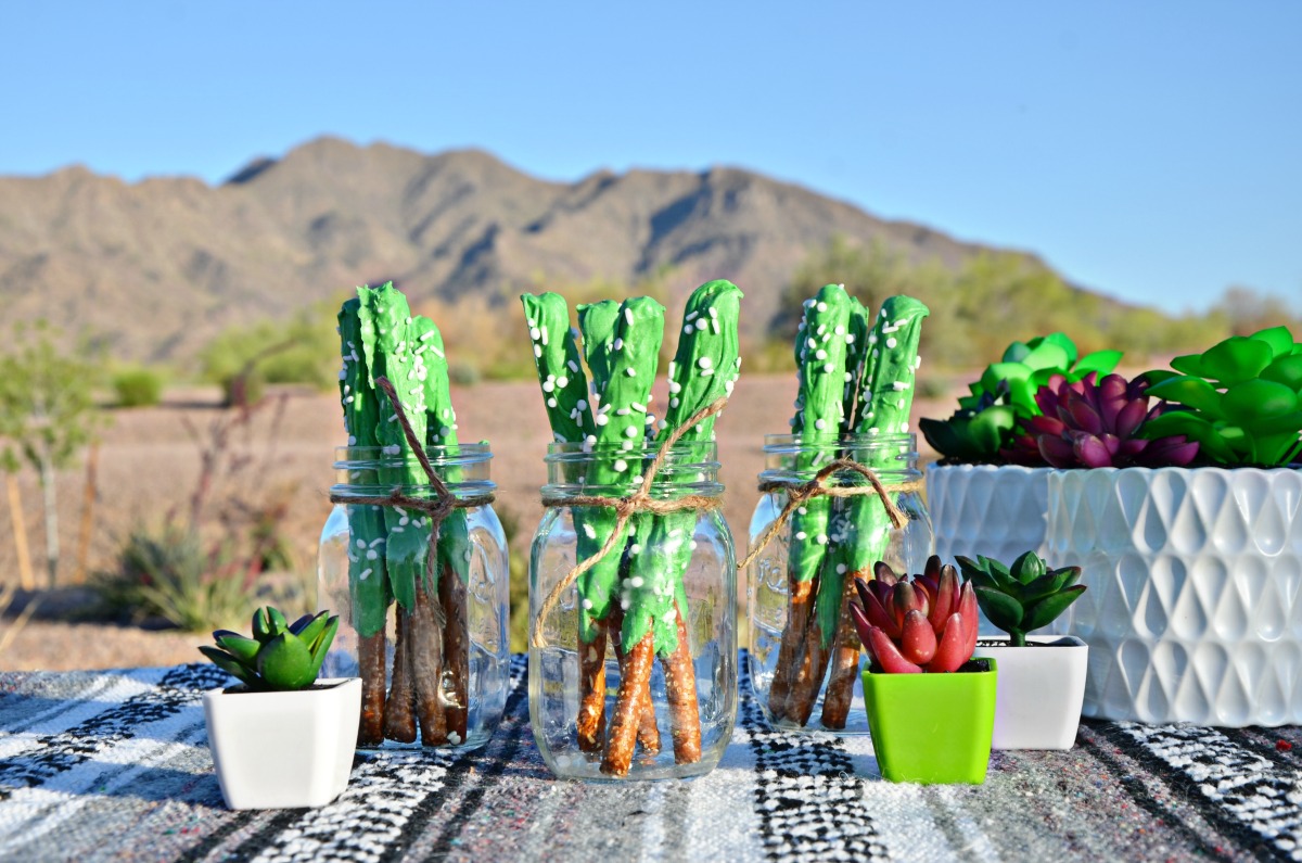 Make these fun cactus pretzel rods to serve at your Dinner in the Desert Burger Bar Party.