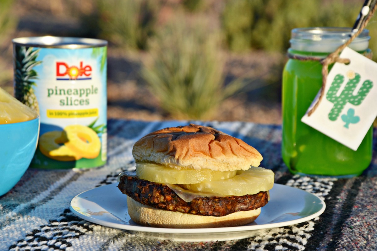 Make this Pineapple Swiss Veggie Burger with MorningStar Farms® Veggie Lovers burgers to serve at your Dinner in the Desert Burger Bar Party.