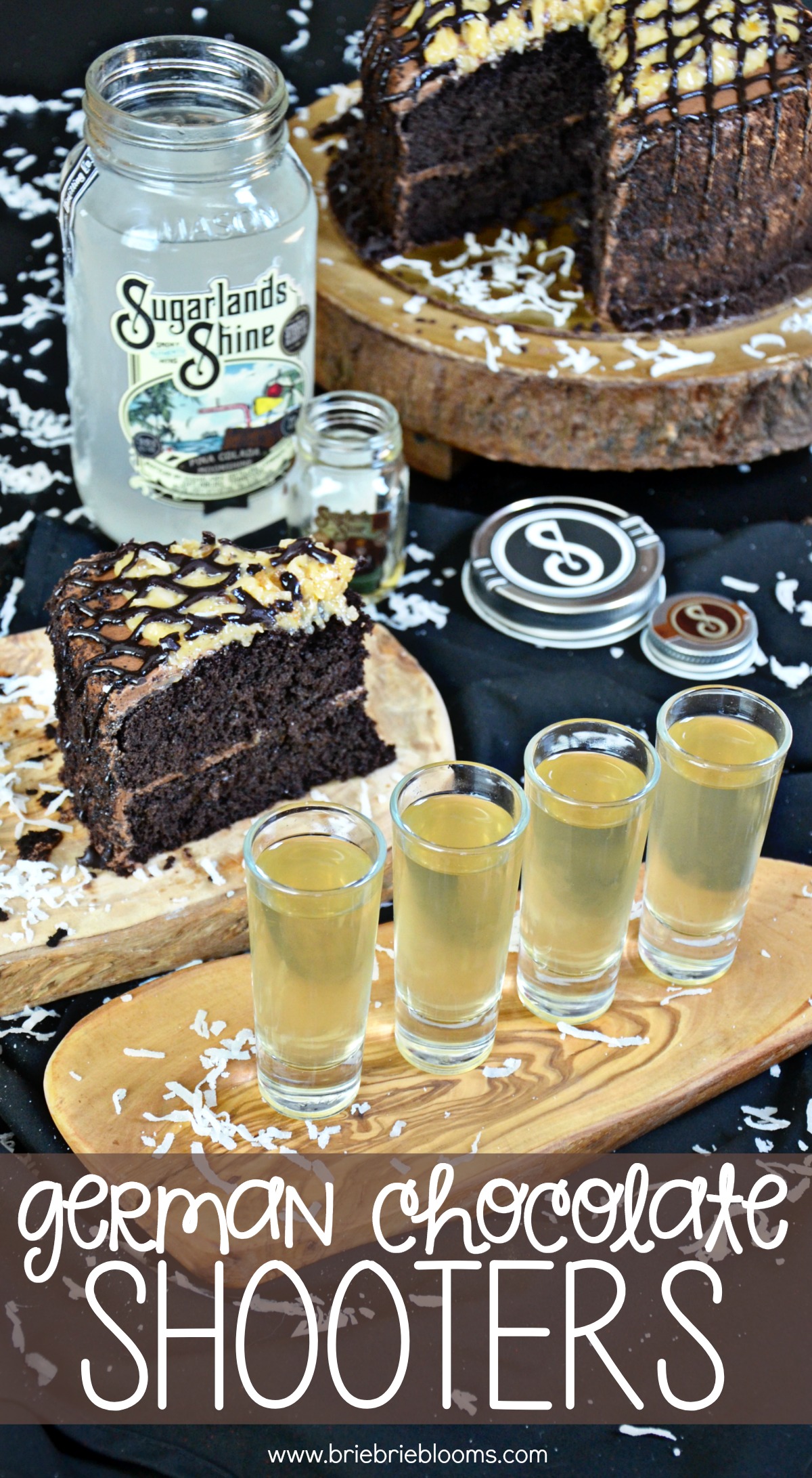 Make these easy german chocolate shooters with Pina Colada moonshine and Hazelnut rum to share with friends.