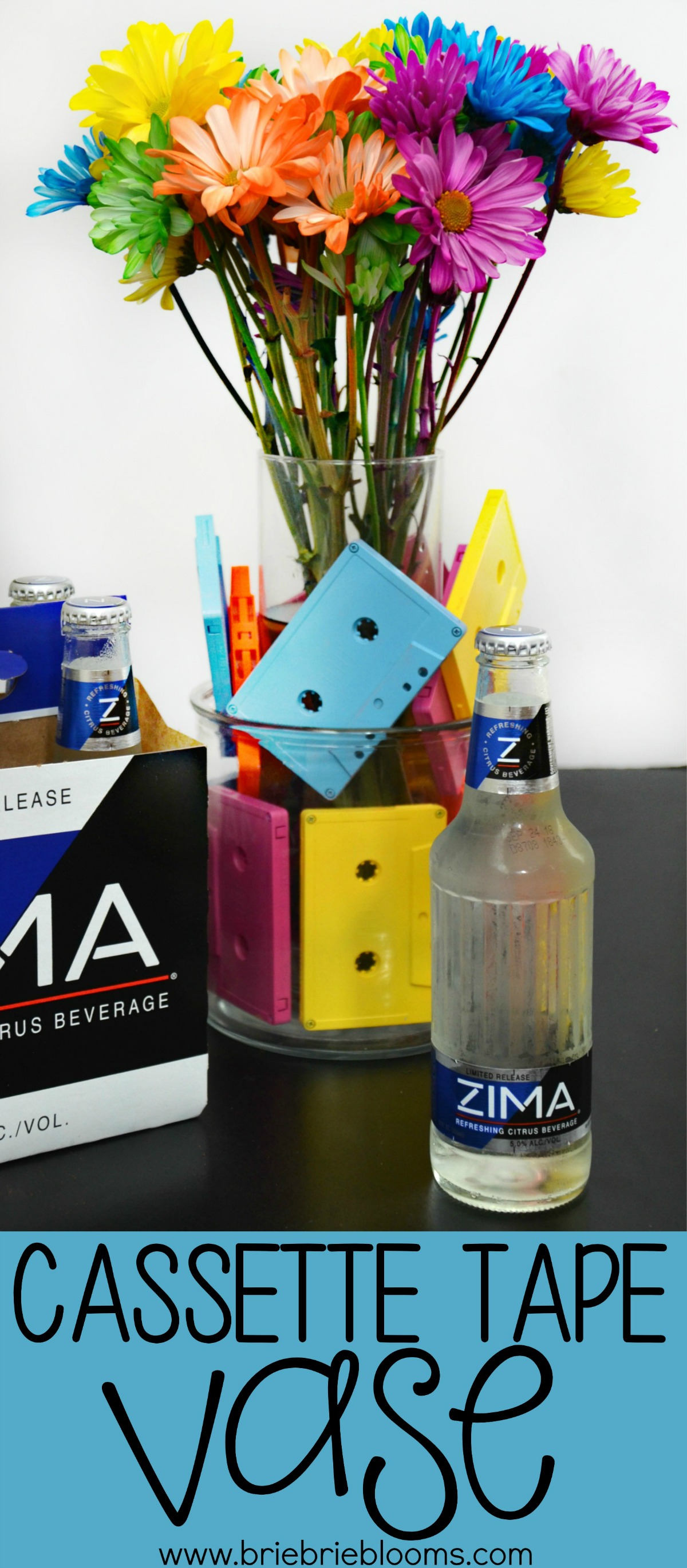 Zima® is back for a limited time and inspired this fun cassette tape vase with bank cassette tapes spray painted in neon colors.