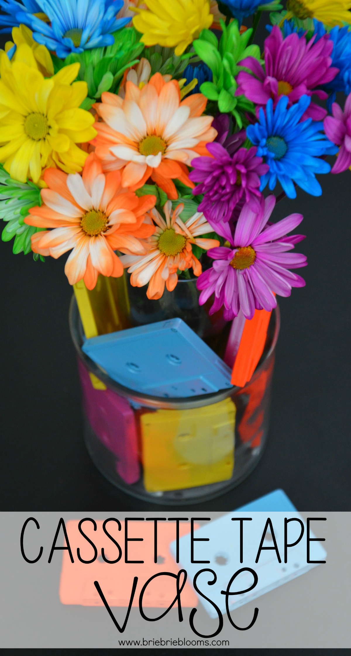 Make this fun cassette tape vase by spray painting blank cassette tapes with neon colors.