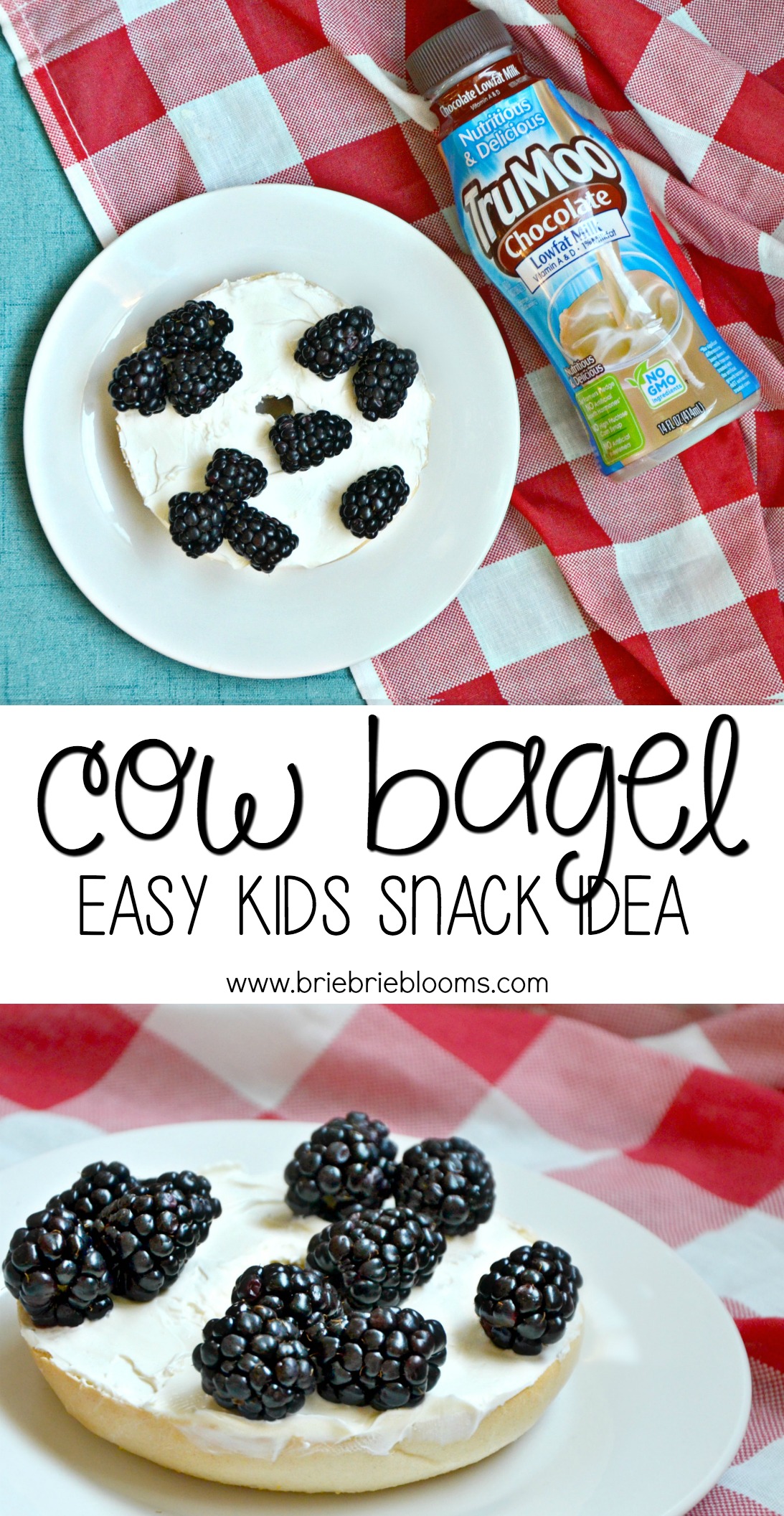 This cow bagel easy kids snack idea is a fun snack for summer with blackberries creatively placed to look like spots on a cow!