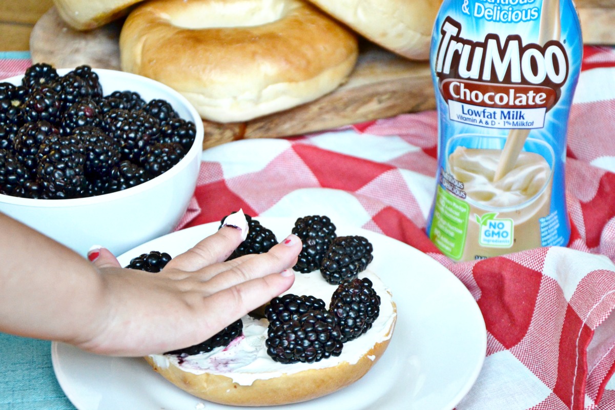 Cow bagels with cream cheese and blackberries are the perfect match for chocolate milk on a summer day!