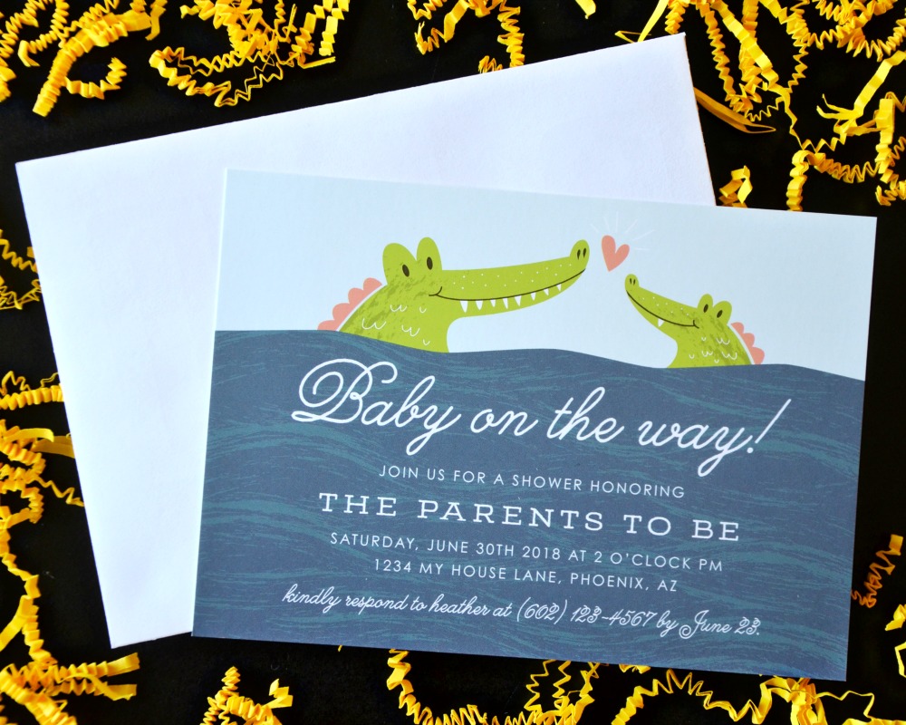 Plan an animal themed baby shower with these cute alligator invitations.