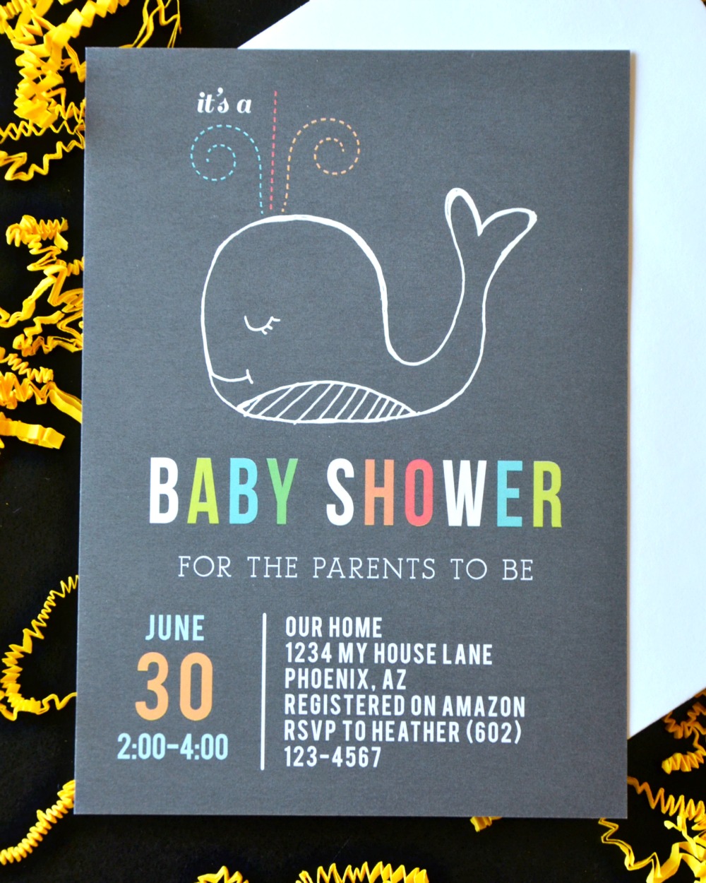 Plan an animal themed baby shower with these cute whale invitations.