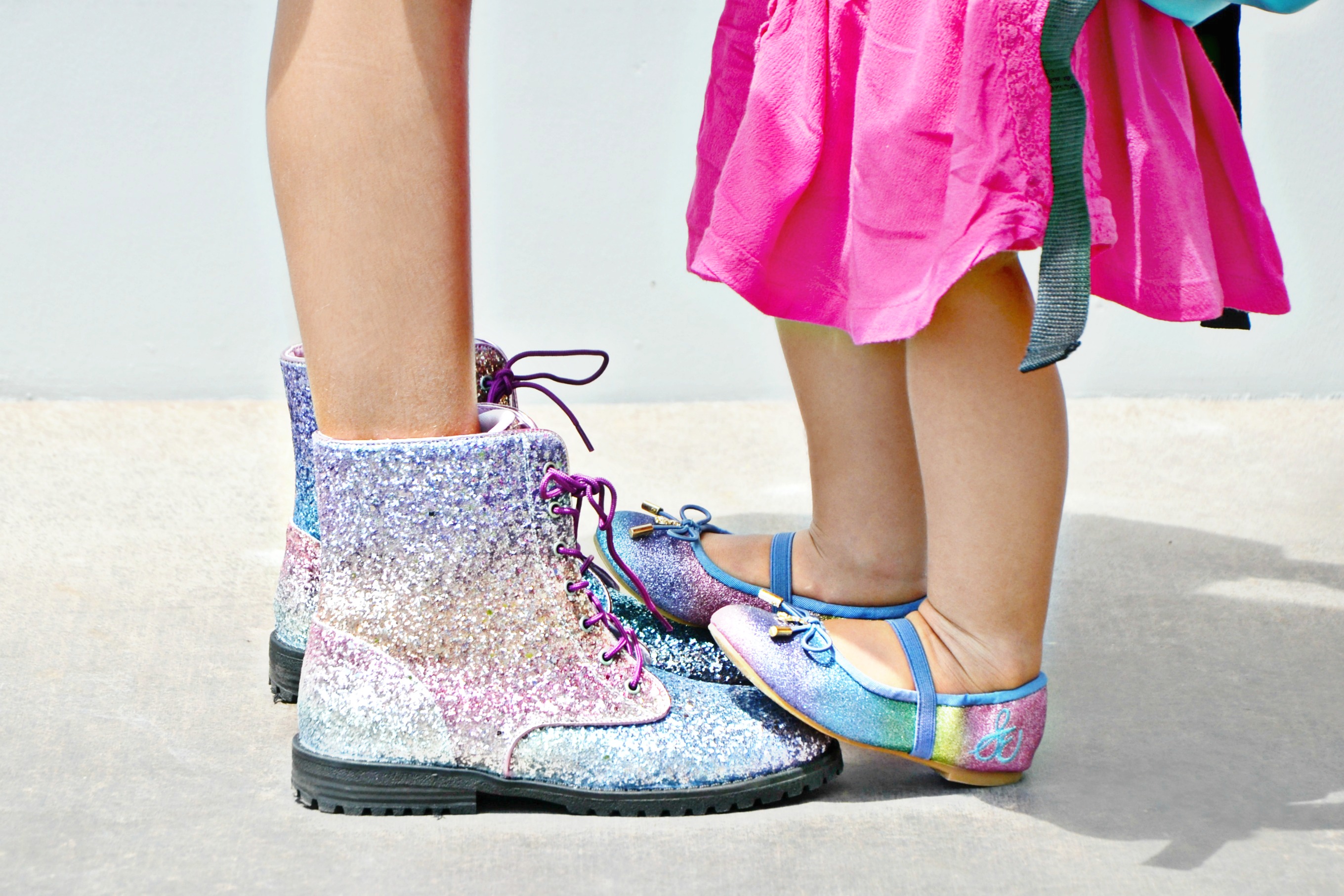 Siblings can match in rainbow glitter with Sam Edelman POLLY Sophia CHUNKY combat boots and Felicia Toddler rainbow glitter flats.