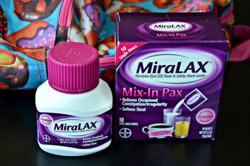 MiraLAX always ends up in our spontaneous travel bags because it helps with uneasy tummies.