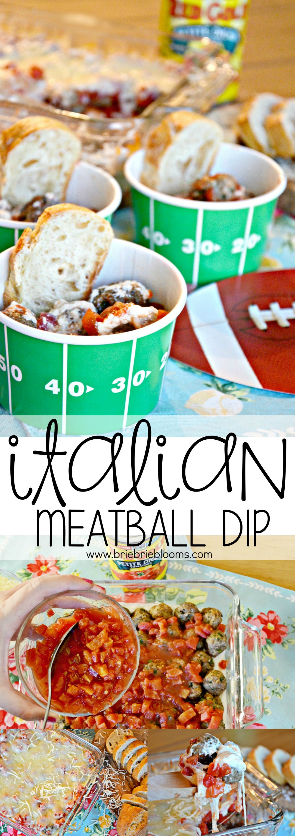 The Italian meatball dip recipe has layers of cream cheese, homemade meatballs, tomatoes and mozzarella cheese. YUM!