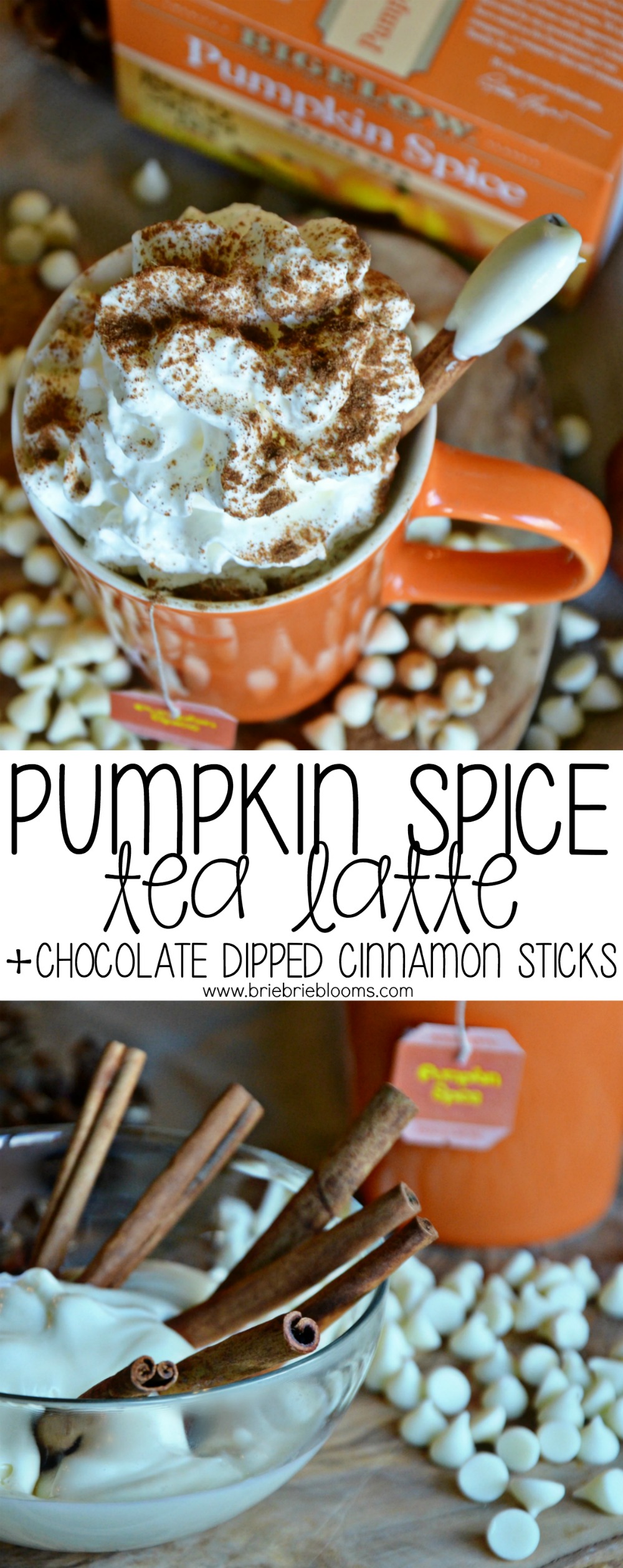 Make this easy pumpkin spice tea latte with chocolate dipped cinnamon sticks for a great fall drink.