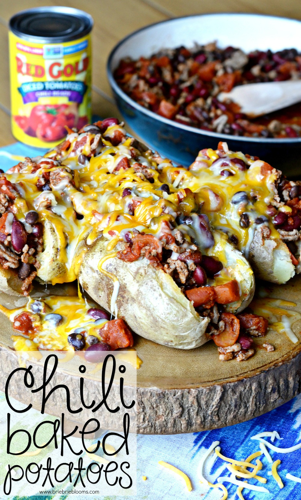 Make these easy chili baked potatoes with diced tomatoes and just a handful of ingredients.