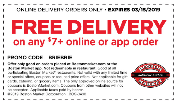Save on your Boston Market online delivery with this coupon.
