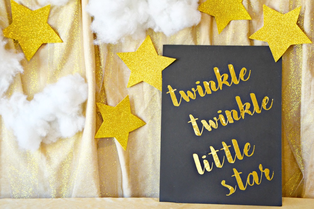 Make this easy twinkle twinkle little star party sign with a Cricut for a fast party decoration.