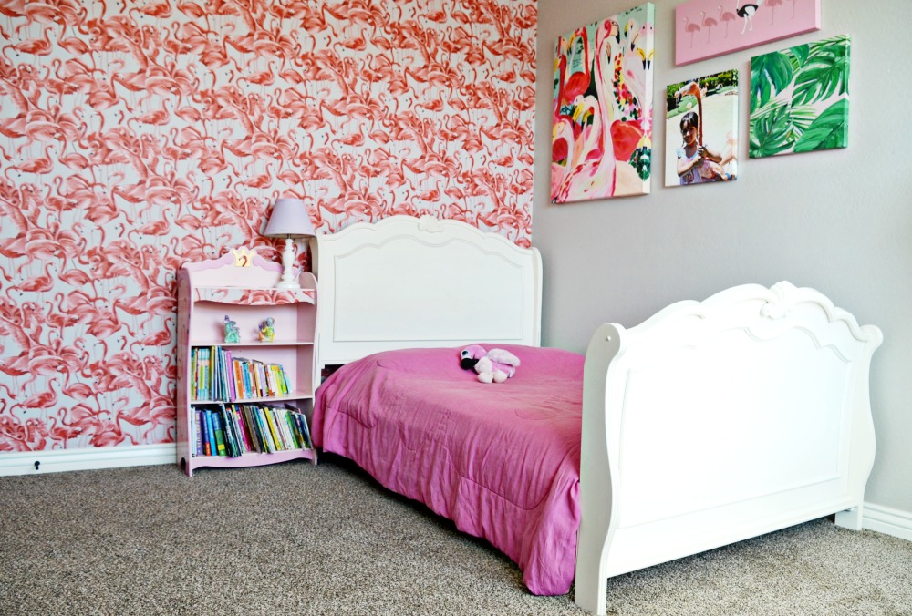 This flamingo bedroom is perfect with peel and stick wallpaper.