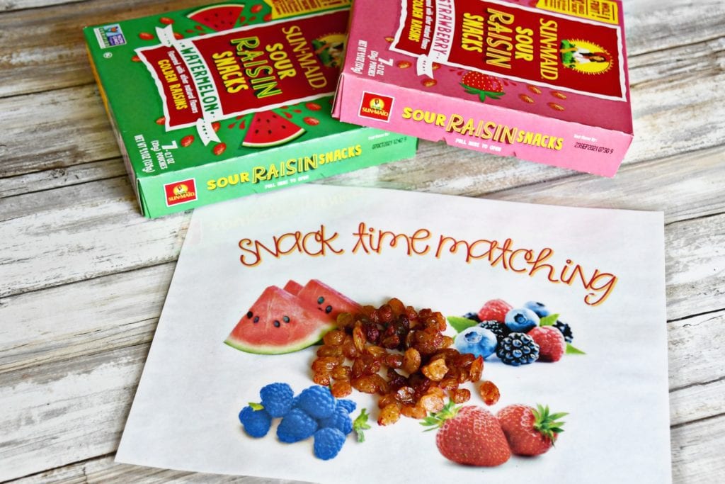 This free printable snack time matching activity is extra fun with snacks like Sun-Maid Sour Raisin Snacks.